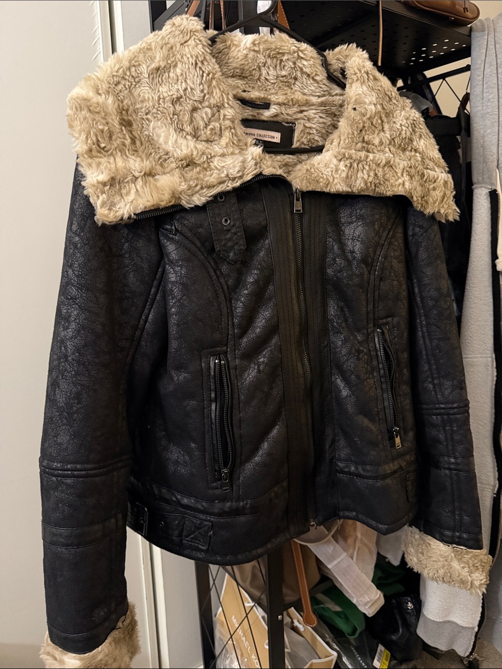 Bershka Black Faux Leather Jacket with Beige Faux Fur Collar